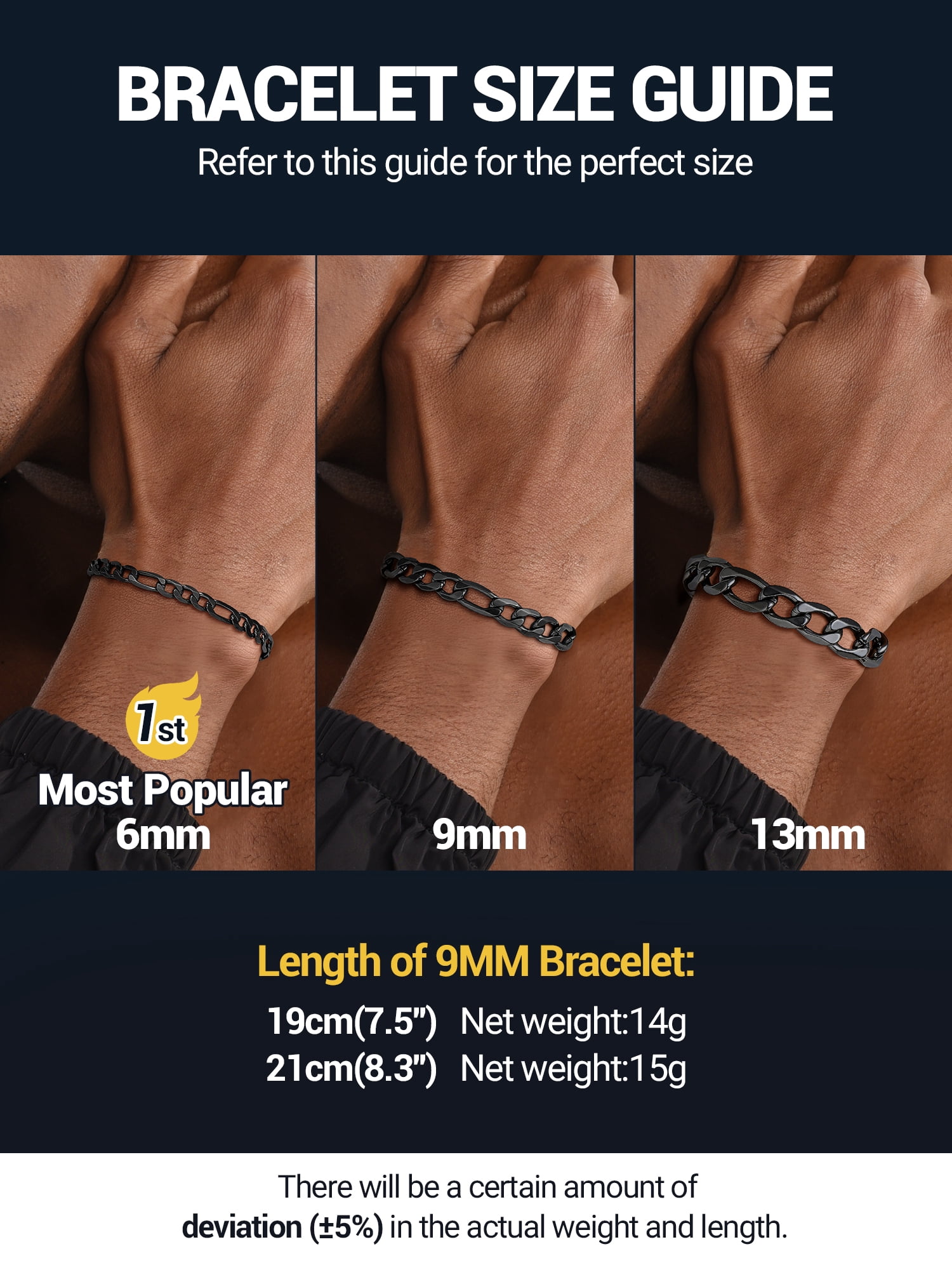 PROSTEEL Stainless Steel Bracelet for Men Women Figaro Black Chain Wrist Link Bracelets 9MM 7.5 inch Birthday Birthday Father Day Jewelry Gift for Him Dad Son Adult Age