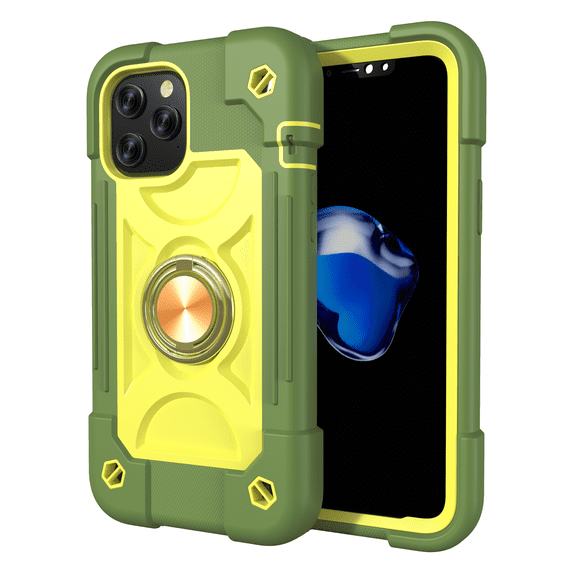 (2021) iPhone 13 Case 6.1 Inch - TECH CIRCLE Heavy Duty Protection Shockproof Kickstand Case Silicone/Plastic Protective Rugged Cute Simple Cover with Ring Holder (F Green Yellow)