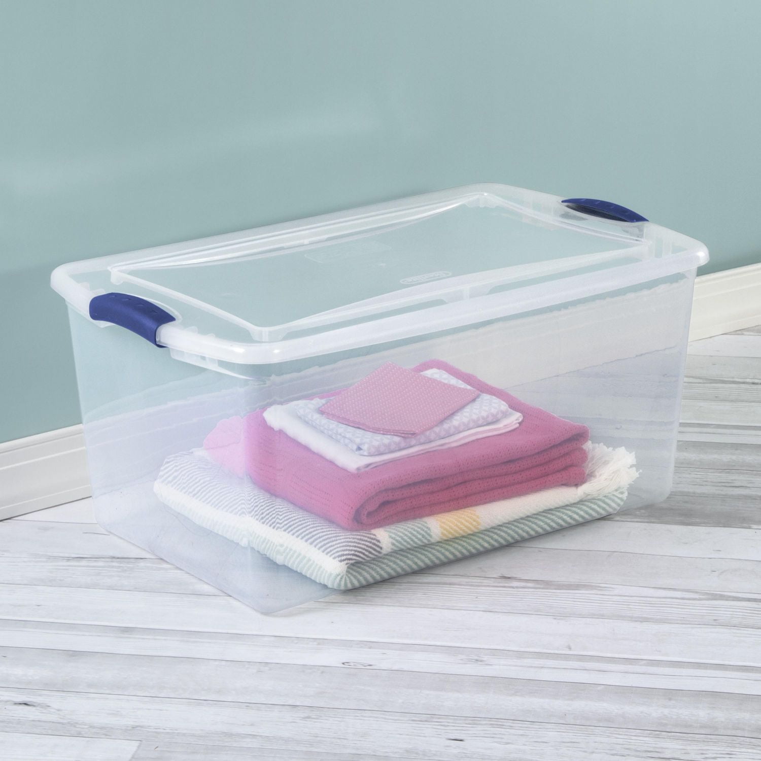 Sterilite 62 Liter Latch Box, Clear Plastic Storage Bin with Lid, Blue Latch, 6 Pk