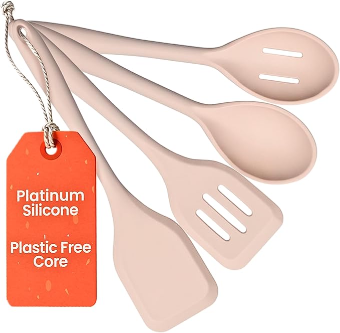 4-Piece Platinum Silicone Kitchen Utensil Set – BPA-Free, Stainless Steel Core, Heat Resistant 500°F, Non-Stick and Dishwasher Safe Cooking Tools – Beige
