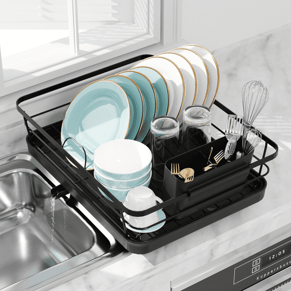 Sakugi Dish Drying Rack, Compact Dish Racks with Cutlery Holder for Kitchen Counter, 14''L x 12''W x 5''H , Black