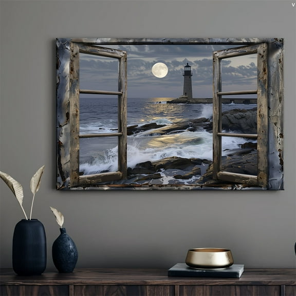 16*12inch Wooden Framed Canvas Painting Coastal Lighthouse& Beach Scene Modern Nautical Wall Art for Living Room Bedroom Bathroom Decor