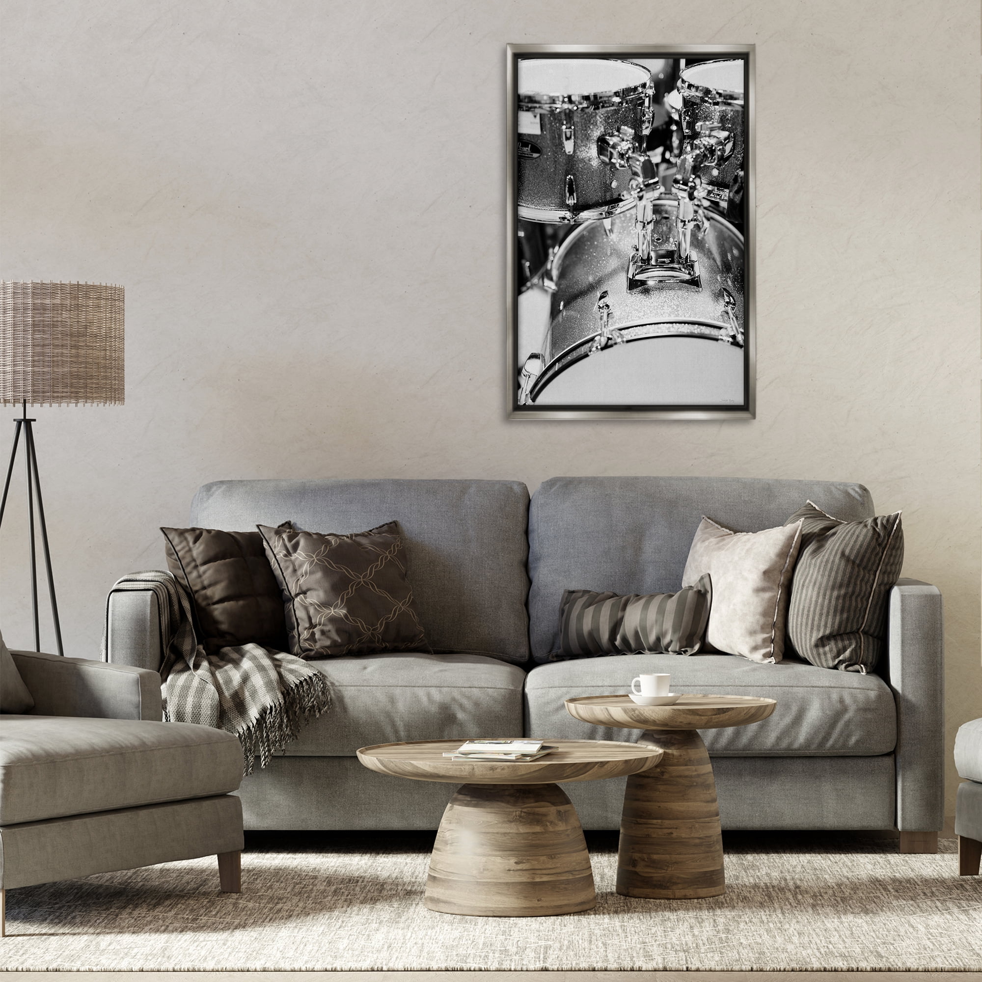 Stupell Industries Drum Set Black & White Entertainment Painting Gray Floater Framed Canvas Art Print Wall Art, 21 x 31