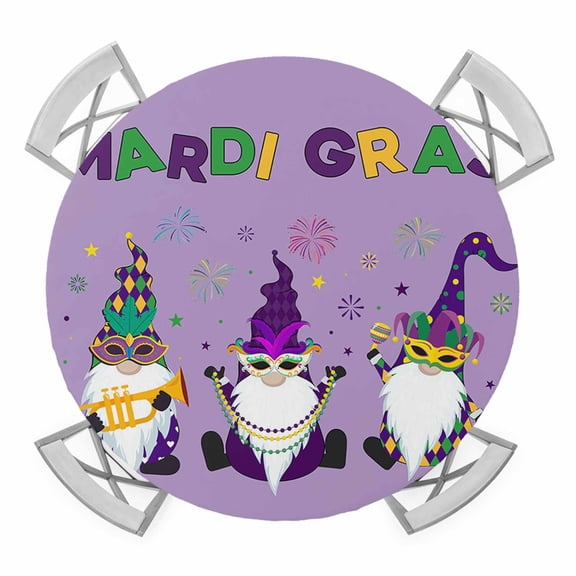 Happy Mask Gnomes Elastic Fitted Round Table Cover Purple Mardi Gras Firework Waterproof Outdoor Tablecloth for Holiday Party, Picnic, Patio & Dining Fits Tables Up to 45"-54"
