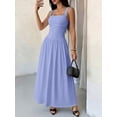 thumbnail image 3 of Petite Womens Blue Solid Square Neck Ruched Flared Maxi Dress For Spring Summer, 3 of 7