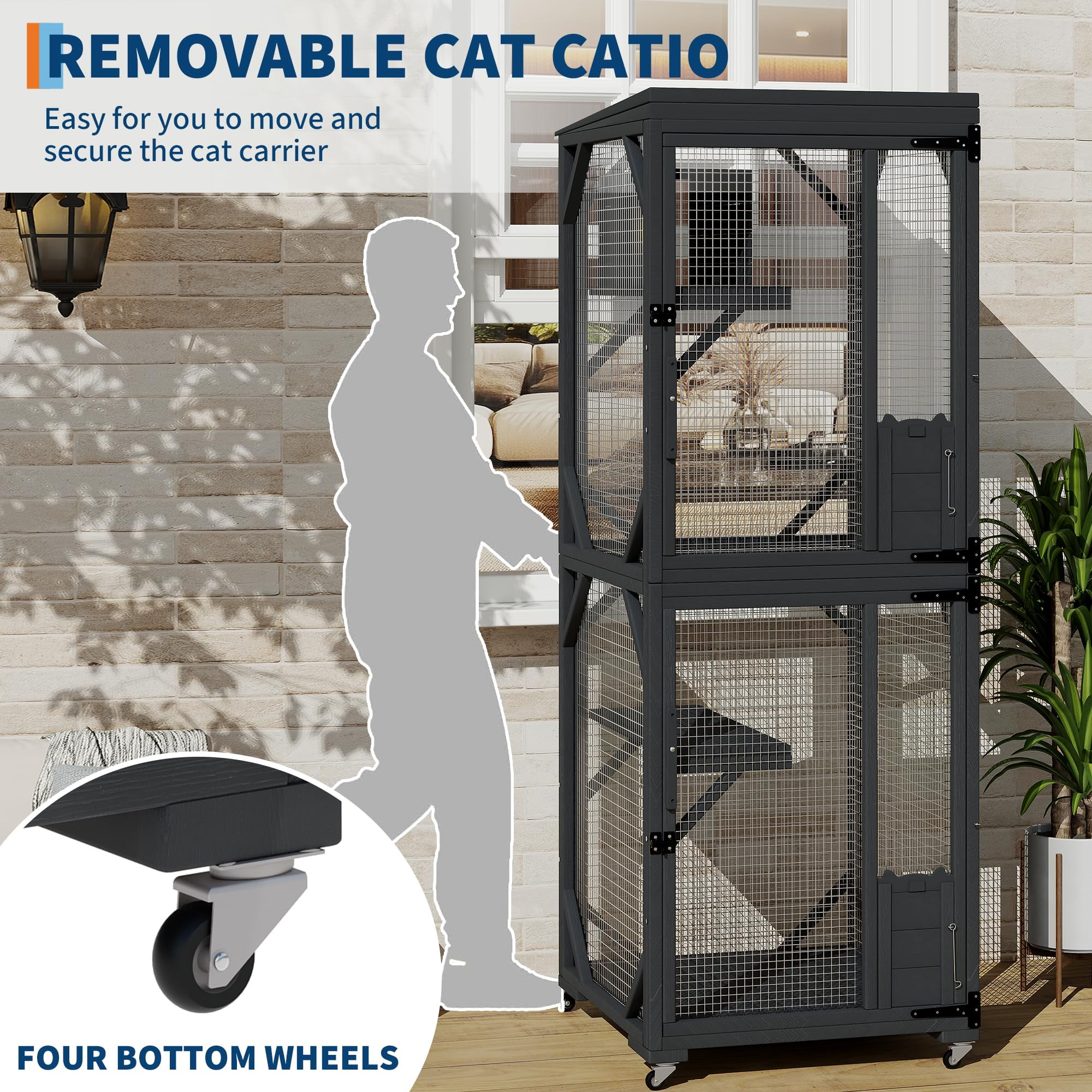 Gaderth Large Wooden Catio Outdoor Cat Enclosure with Window Access, Wooden Cats Enclosures, Spacious Outdoor Cat House for Patio & Backyard, Indoor Cat Playpen