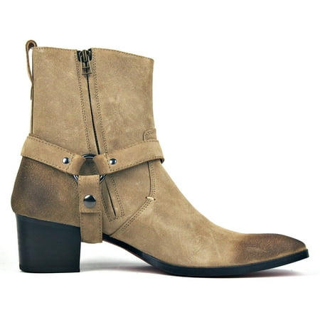 

OSSTONE Dress Boots Chelsea Designer Boots for Men Zipper-up Leather Casual Heel Shoes JY002-Beige-Suede-Belt-8.5 Belt Suede Beige