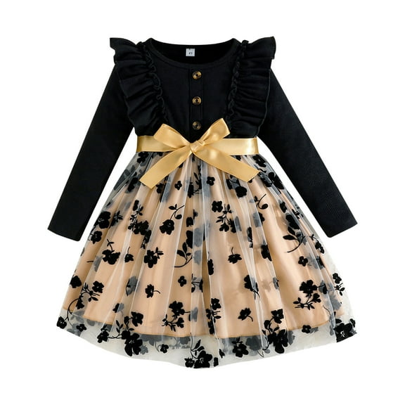 Little Girls' Dresses Long Sleeve Floral Print Elegant Flutter Sleeve Party Gown Kids Birthday Dress for Girls Size 5-6T,Black