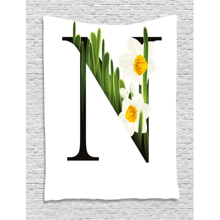 - Letter N Tapestry, Summer Garden Flowers and Abstract Font Black N Letter with Narcissus, Wall Hanging for Bedroom Living Room Dorm Decor, 40W X 60L Inches, Marigold Green Black, by Ambesonne