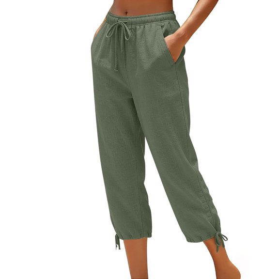 MLQIDK Pedal Pushers for Women Linen Capri Pants Dressy Casual Knee Length Elastic Waist Comfy Shorts Trendy Summer Linen Capri Pants with Pockets Army Green M