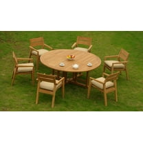 7 PC A Grade Outdoor Patio Teak Dining Set - 72" Round Table & 6 Cellore Stacking Arm Chairs