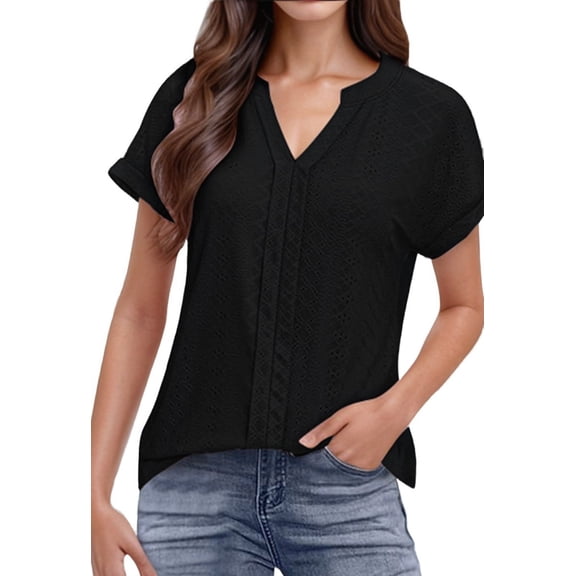 Eyelet Tops for Women V Neck Short Sleeve Embroidery Tshirts Shirts Summer Trendy Casual Loose Beach Blouse Black L