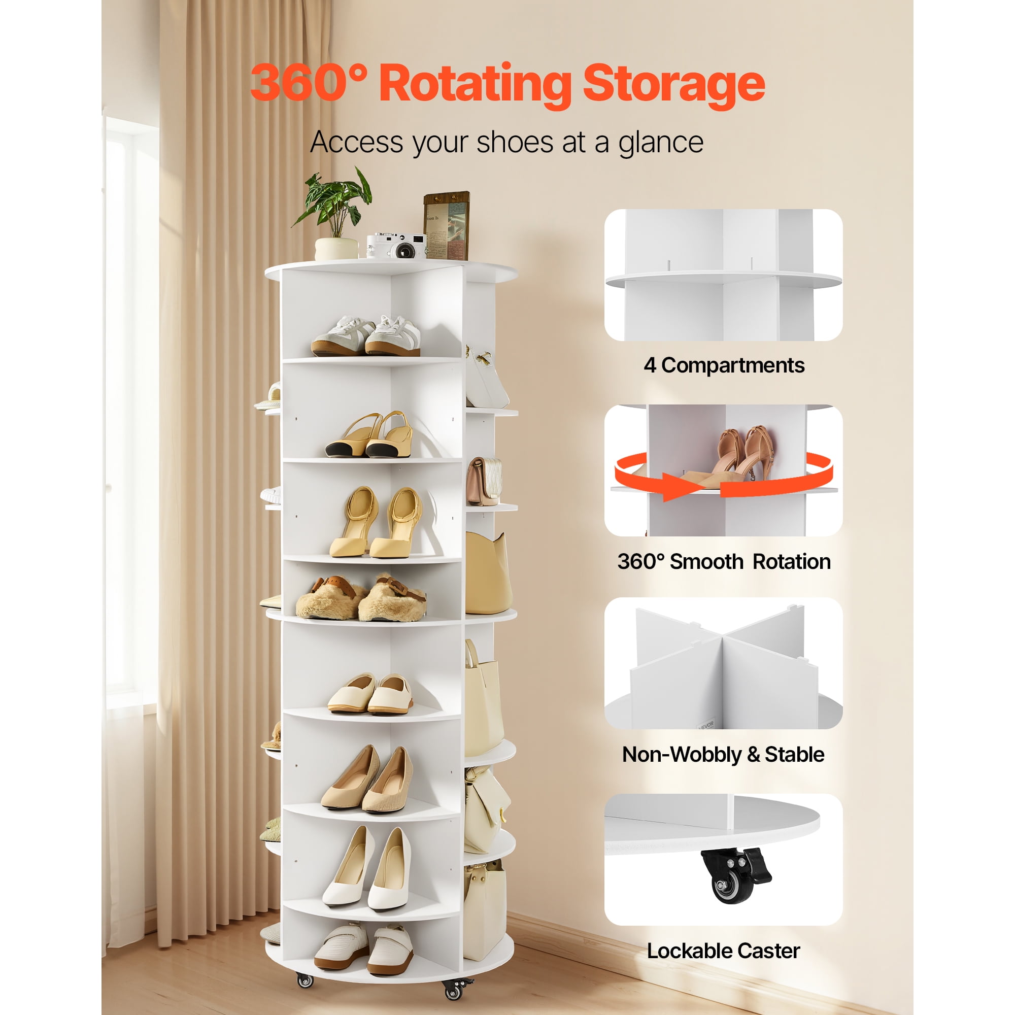 KFFKFF 7-Tier Rotating Shoe Rack Tower with Adjustable Shelves, 360° Spinning Organizer with Wheels, Movable Carousel Storage for Bedroom, Living Room, Entryway, Closet, White