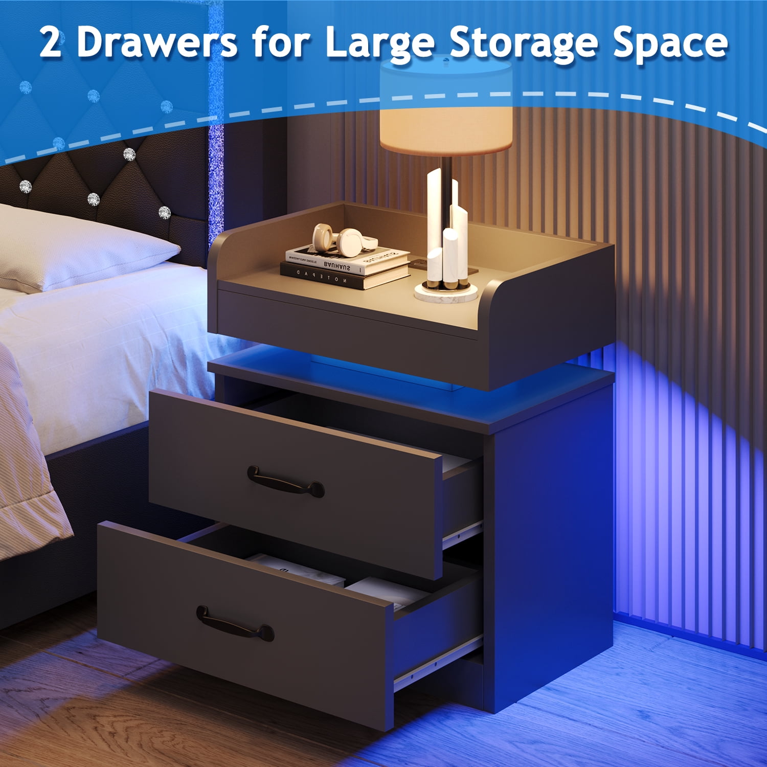 4 EVER WINNER Nightstand with Charging Station, LED Night Stand with 2 Drawers, Modern Beside End Table Side Table for Bedroom Living, Black