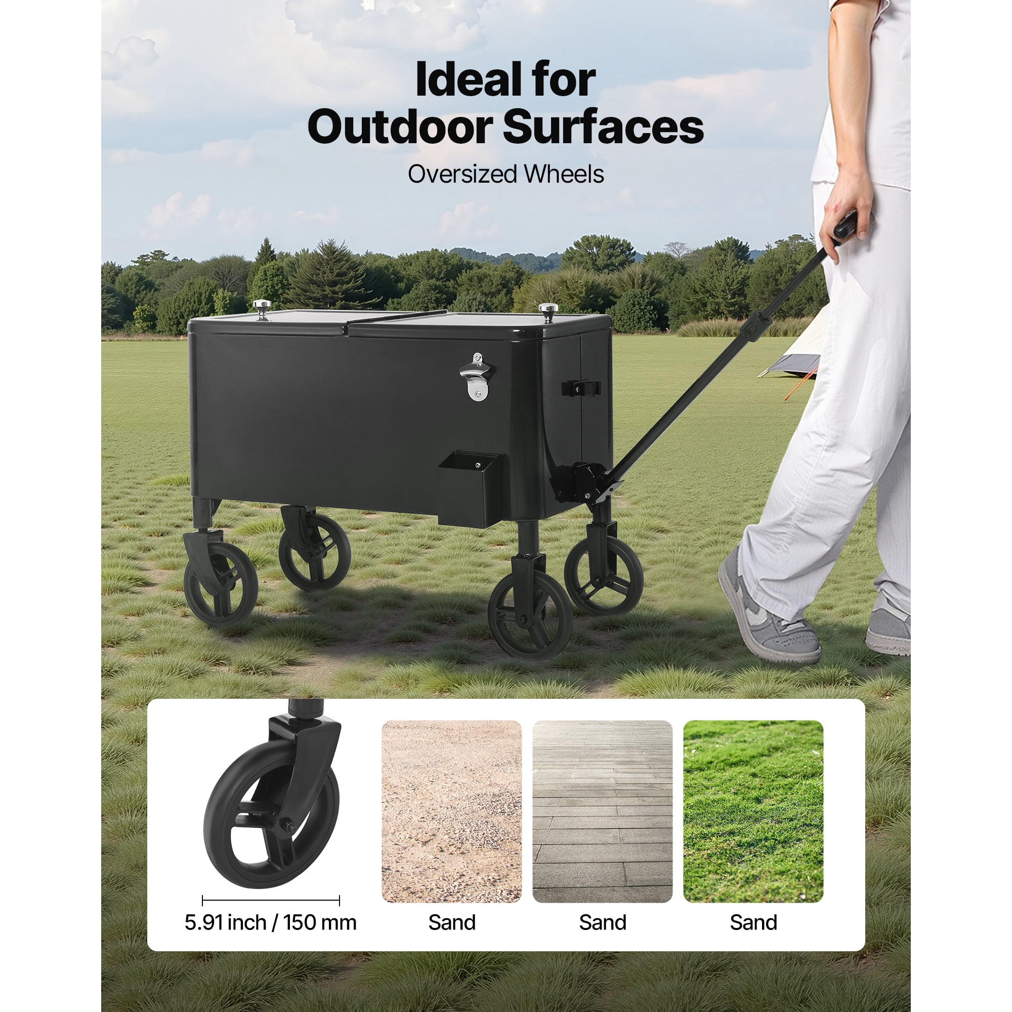KFFKFF 80 Quart Rolling Ice Chest Cart with Adjustable Pull Handle and Swivel Casters, Portable Beverage Cooler for Outdoor Events, Patio, Beach, or Party Use, Black