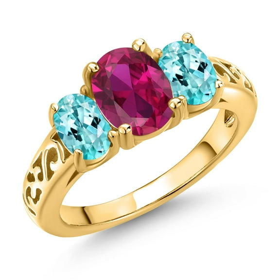 Gem Stone King 18K Yellow Gold Plated Silver Red Created Ruby and Blue Apatite Filigree Style 3 Stone Ring for Women (2.40 Cttw, Oval 8X6MM and 6X4MM) (Size 9)