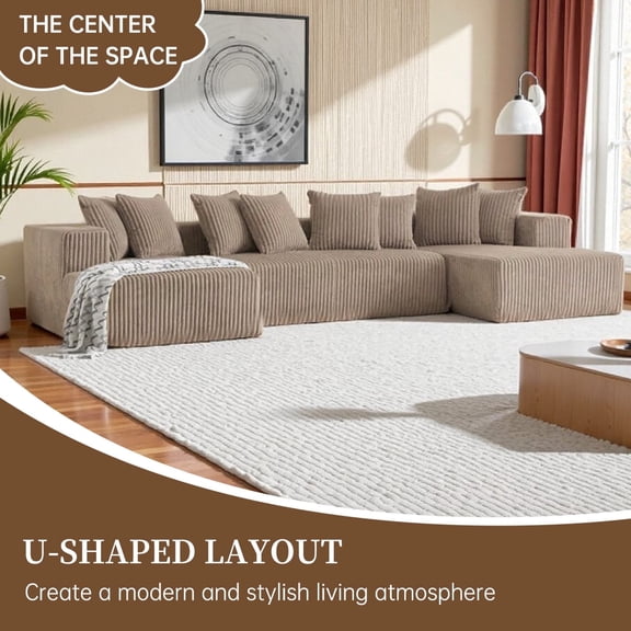 132" U-Shaped Sectional Sofa, Cloud-Like Big Modular Couch with Chaise,Soft Corduroy Fabric Sofa Living Room Apartment, No Assembly, (Khaki)