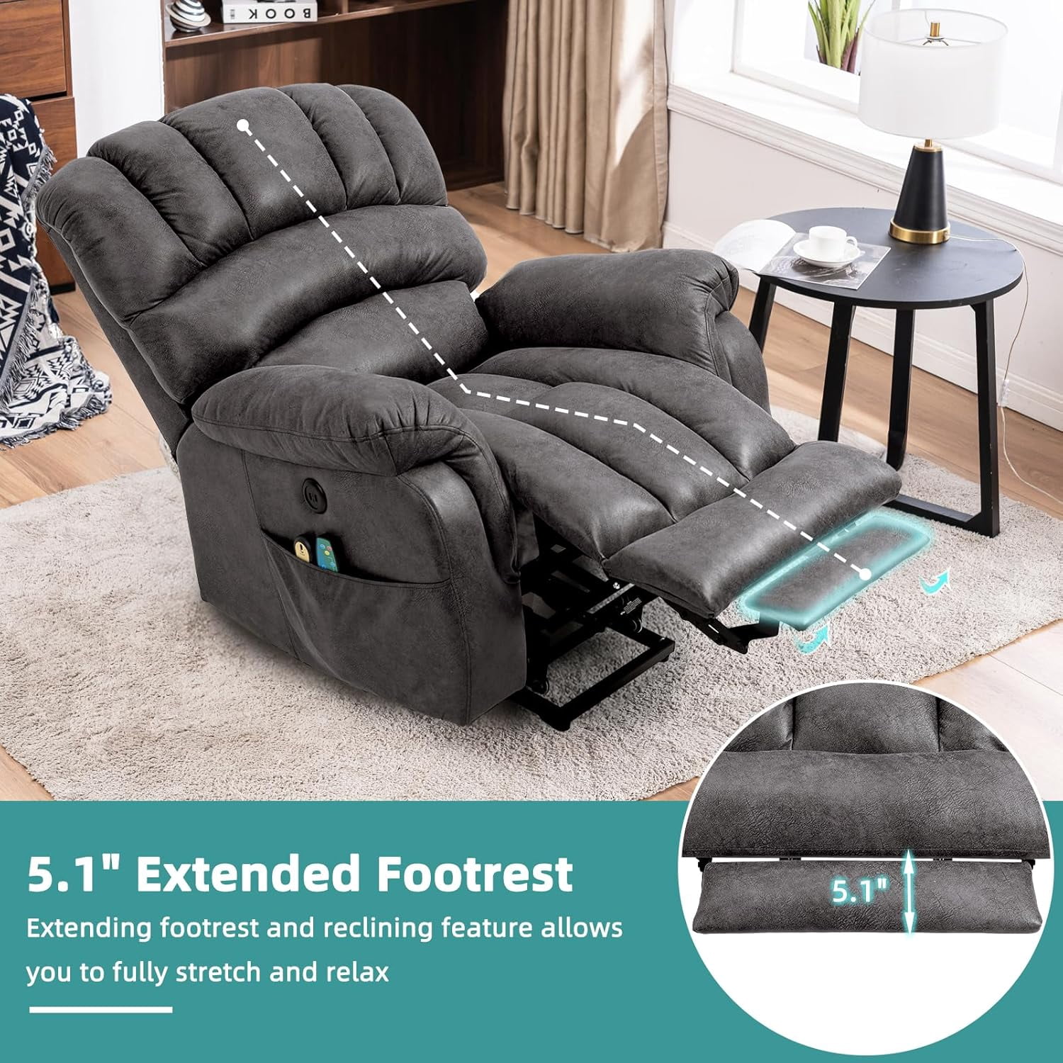 MEETWARM Large Power Lift Electric Recliner Chair with Extended Footrest for Elderly, Big and Tall Lift Chair for Seniors Reclining Chair for Living Room with Massage and Heated,USB Ports(Gray)