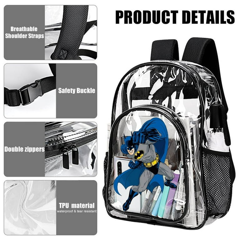 Batman Clear Backpack Heavy Duty See Through Book Bag Transparent Bag for College School Travel Work Sports