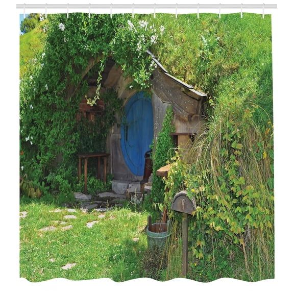 Ambesonne Hobbits Shower Curtain, Fantasy Hobbit Land House, 69"Wx75"L, Green Brown Blue
