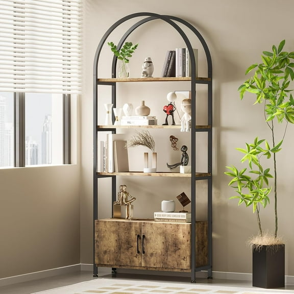 Rugerasy Arched Bookshelf, Bookcase with Doors Storage, 71.5" 4-Tier Tall Bookcase with Sturdy Metal Frame, Freestanding Display Shelving Unit for Living Room, Home