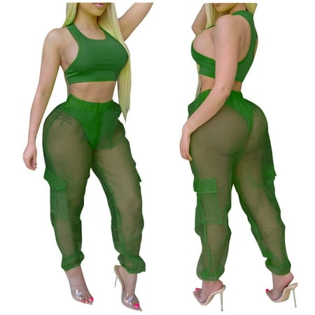 

FITORON Womens Pajama Sets- Fashion Mesh Organza Cargo Pants Vest See-Through Casual Home Suit Green S