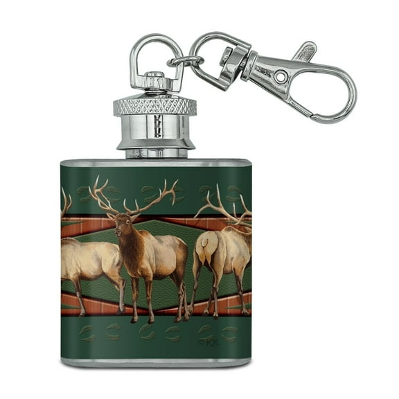 Elk in a Row Deer Hunter Hunting Stainless Steel 1oz Mini Flask Key Chain