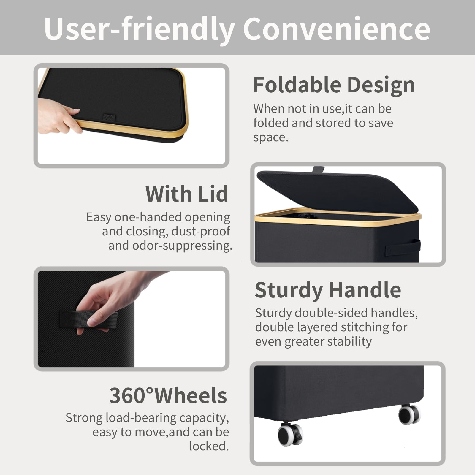 Slim Laundry Basket with Wheels,Freestanding Laundry Hamper with Lid&Bamboo Handles(75L Black)