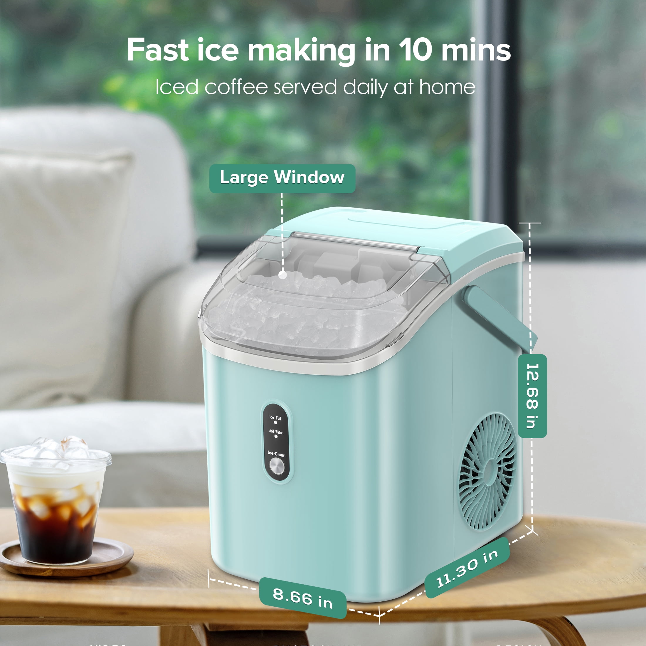 KISSAIR Nugget Ice Maker Countertop with Soft Chewable Pellet Ice, Portable Ice Machine with Handle, 35lbs/24H, Green