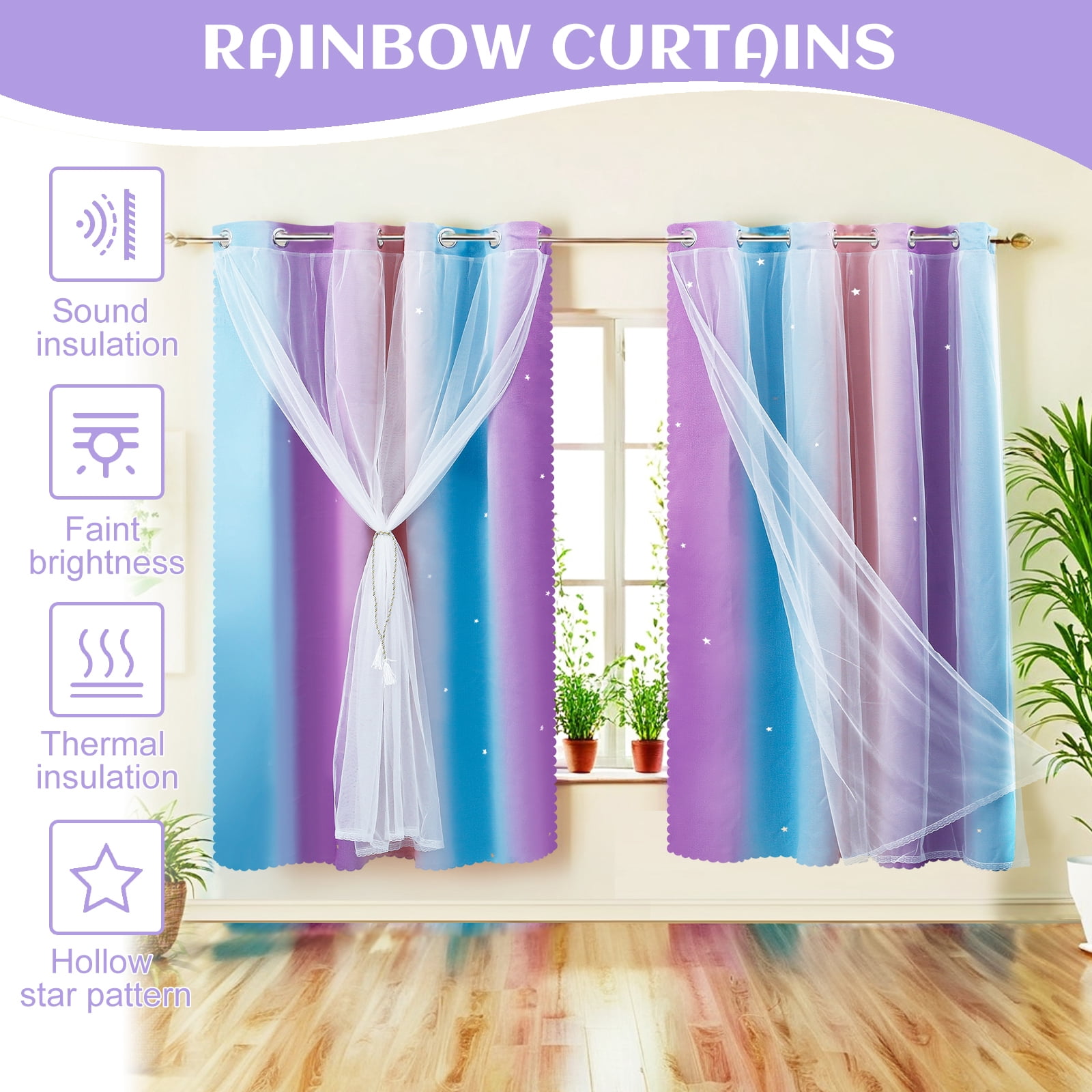 Dznils Star Ombre Printed Grommet Sheer Blackout Curtain Panel Set, 4 Piece, Purple, 52" W x 63" L