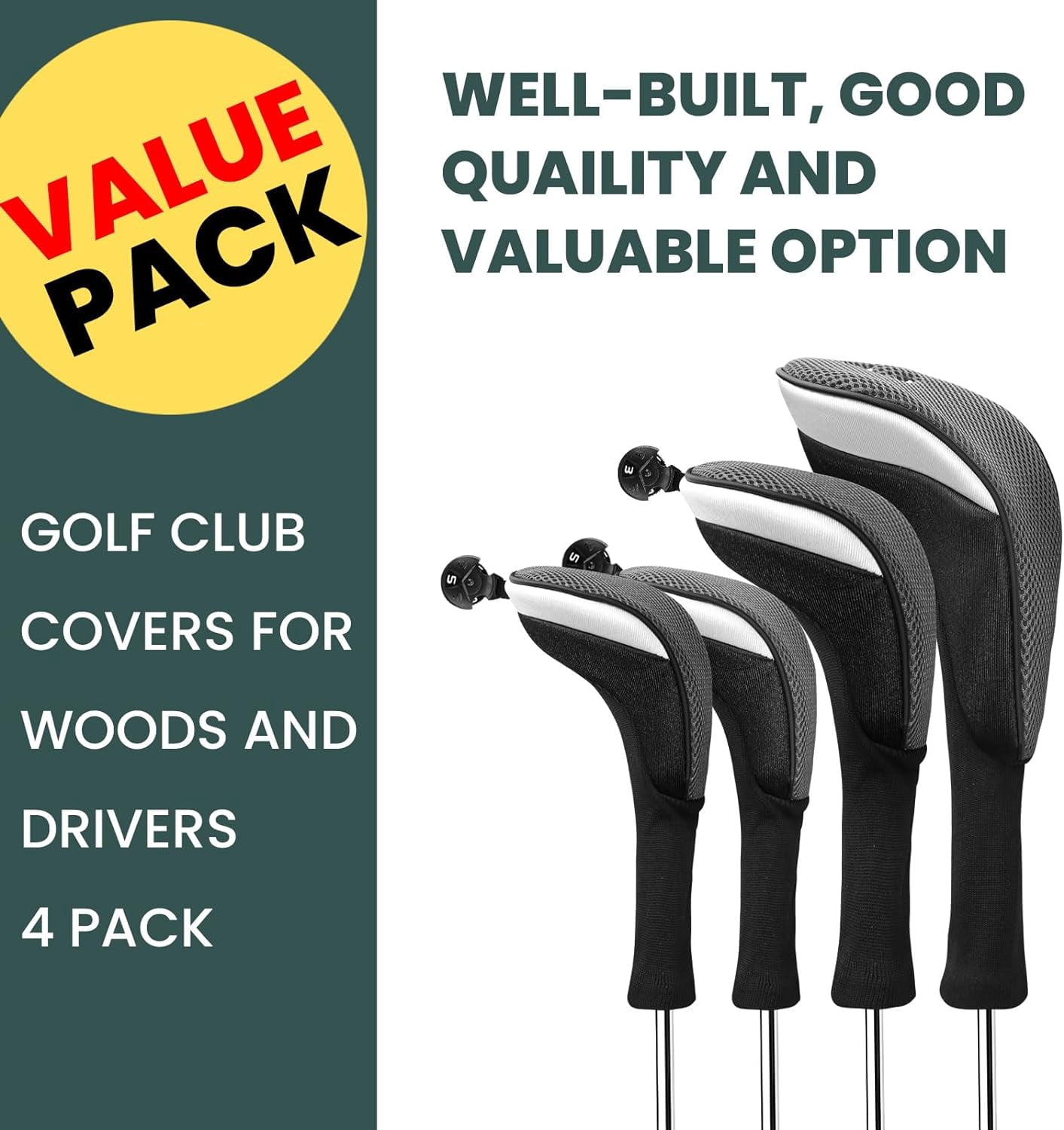 Golf Club Head Covers Woods Driver Fairway Hybrid 3/4/5 Set, Headcovers Men 1 3 5 7 X Interchangeable Number Tag, Fit All Wood Clubs