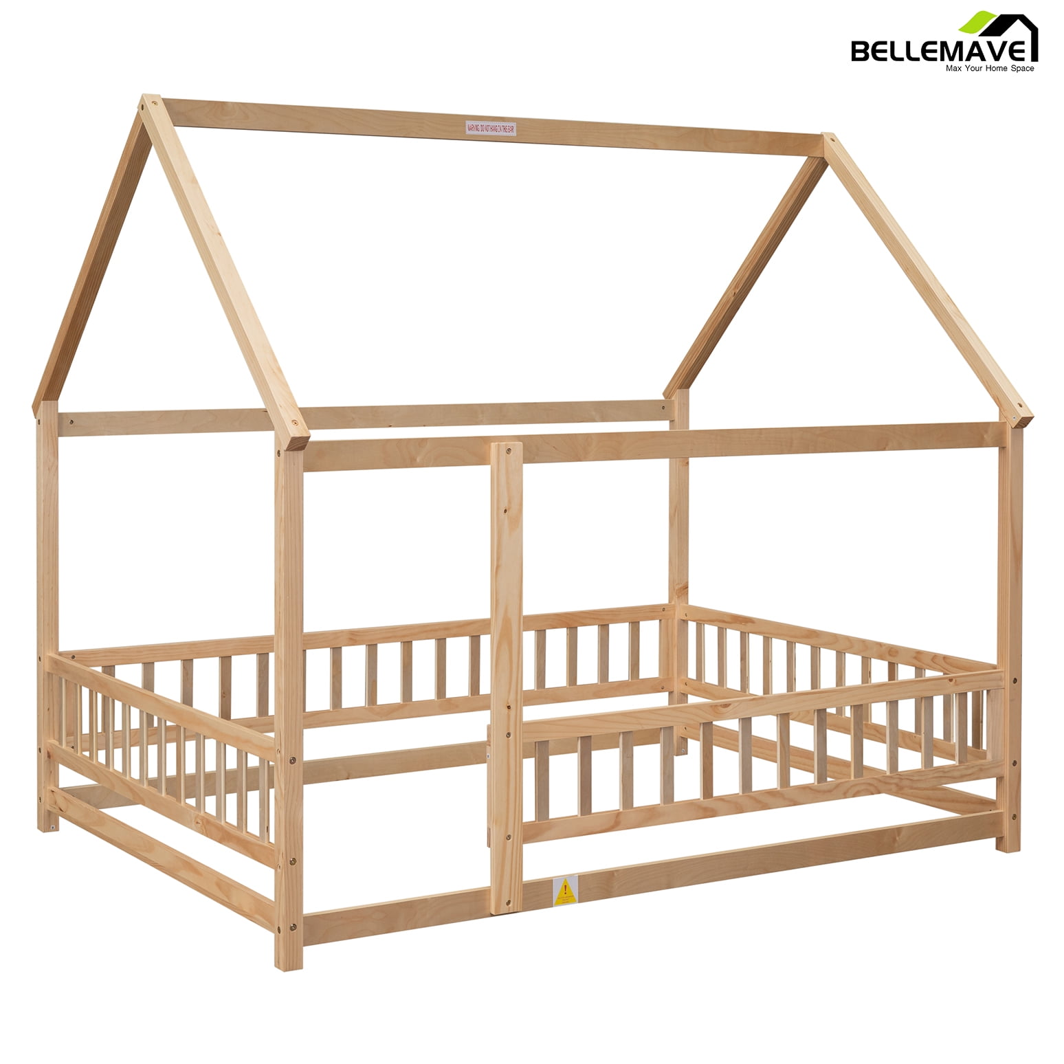 Bellemave Full Floor Bed, Wood Full Size House Bed Frame with Fence, Montessori Floor Bed for Bedroom（Natural)