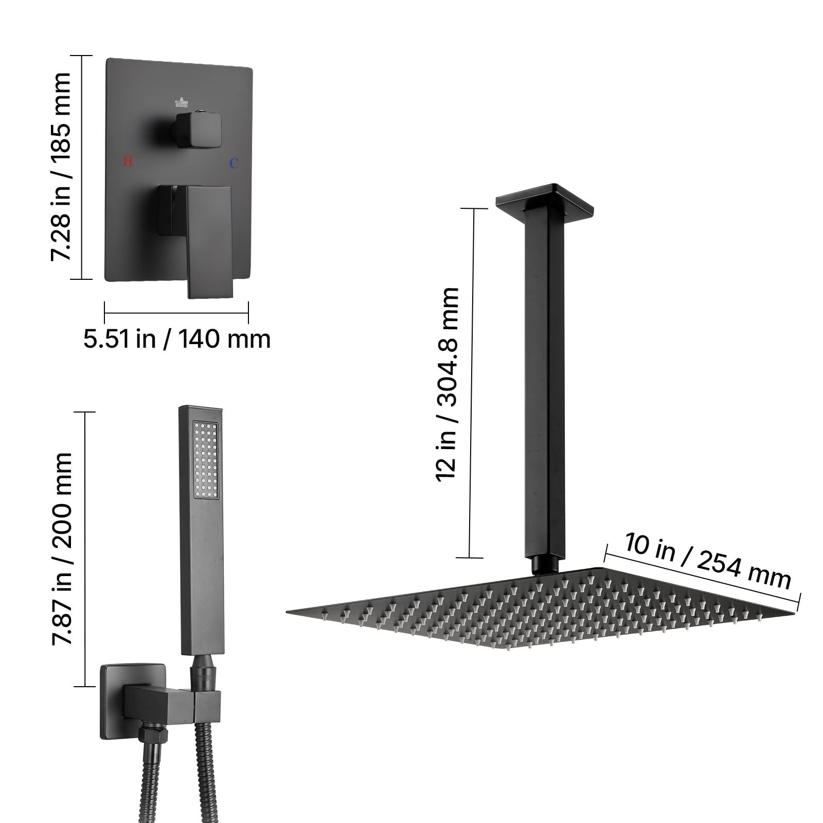KFFKFF Shower Faucet Set with 10-Inch Square Rain Shower Head and Handheld Spray, Ceiling-Mounted Bathroom System with Brass Valve and Trim Kit, Matte Black