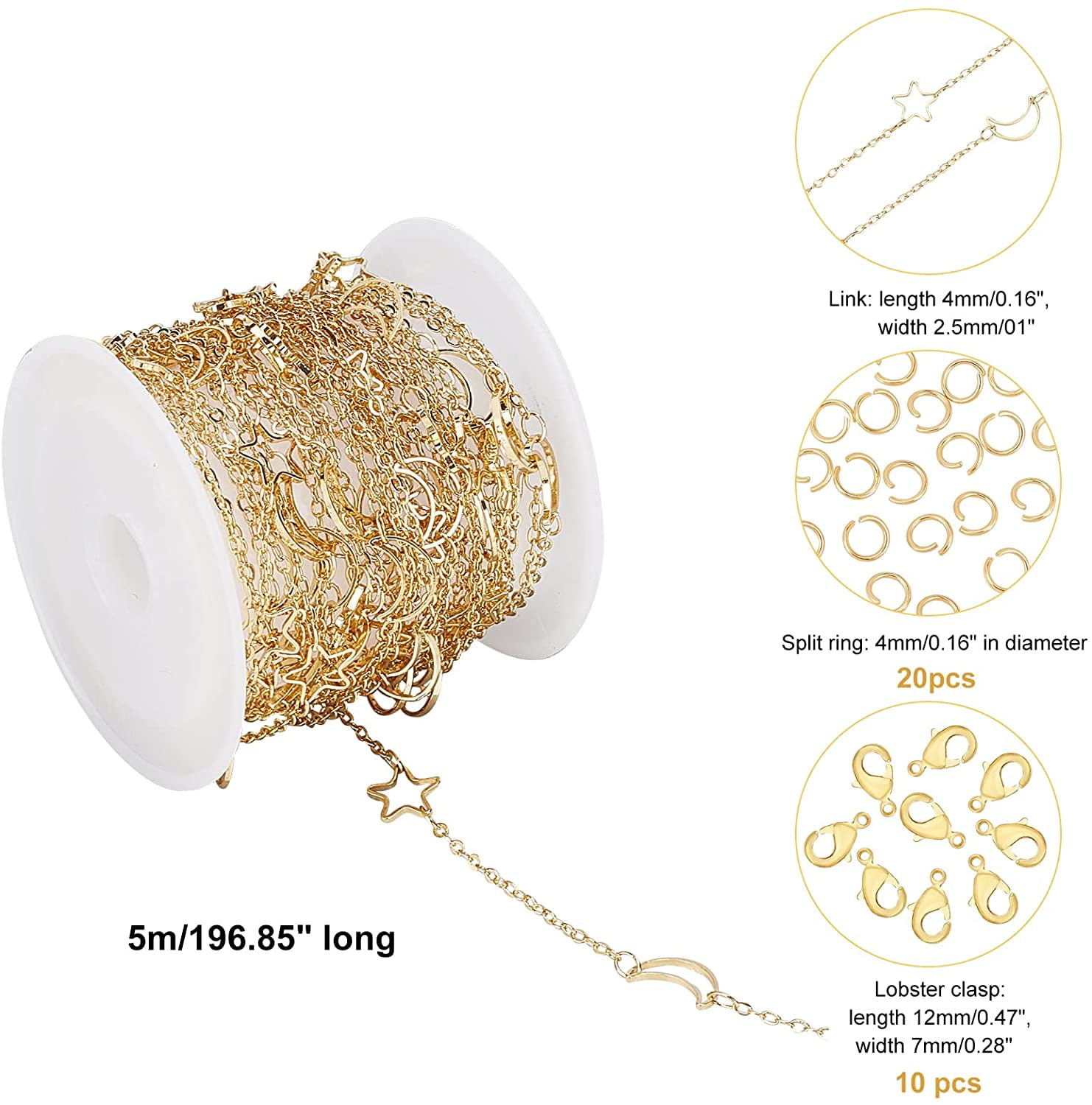 VILLCASE 16.4 Feet Gold Chain For Jewelry Making - Zinc Alloy Chains With 60 Jump Rings & 30 Lobster Clasps