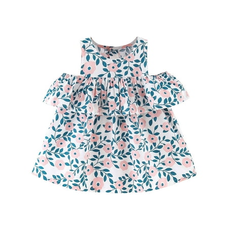 

Fesfesfes Girls Spring Dress Toddler Baby Girls Floral Print Cotton Dress Ruffled Drop Shoulder Dress