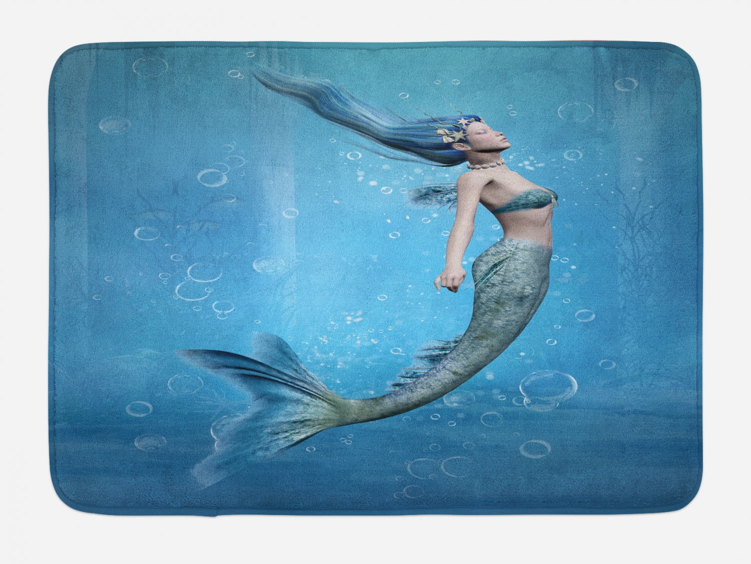 Underwater Bath Mat, Mermaid Fishtail Floating Bubbles Mythical Creature Fairy Ocean Life