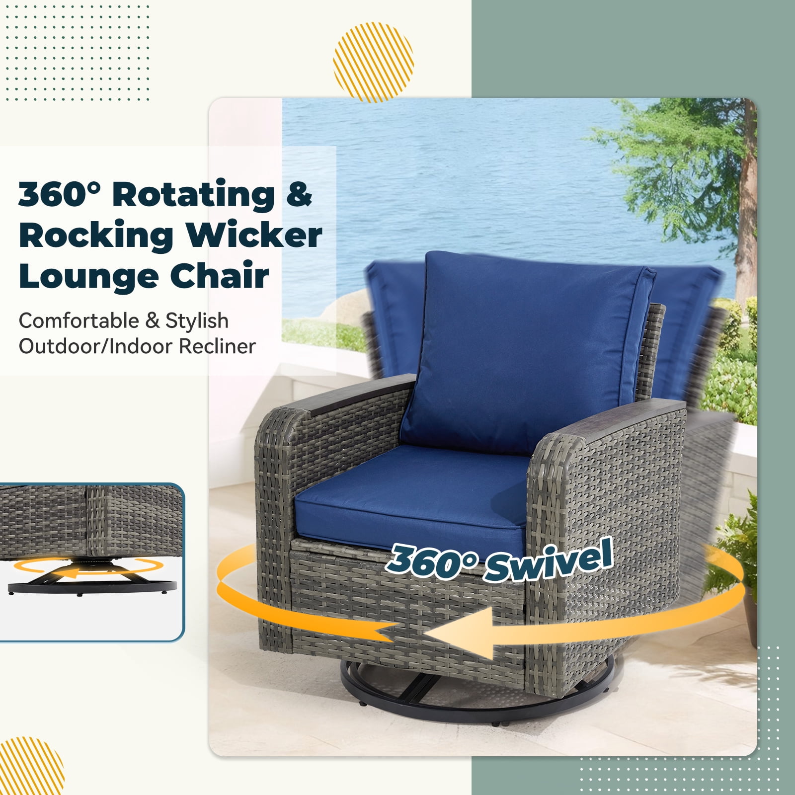 6 Pieces Wicker Patio Furniture Sets, Outdoor Conversation Set PE Rattan Sectional Sofa Couch with Swivel chairs Ideal for Indoor Porch Deck Bistro Lawn Garden Backyard Poolside-Blue