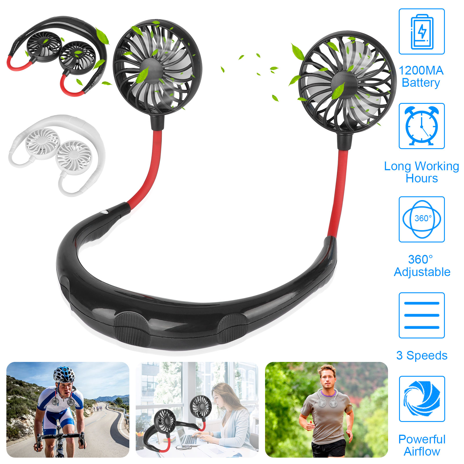 Portable Mini Neck Fan, Hand Free Personal Fan, USB Rechargeable 3 Speeds 360 Rotate Wearable