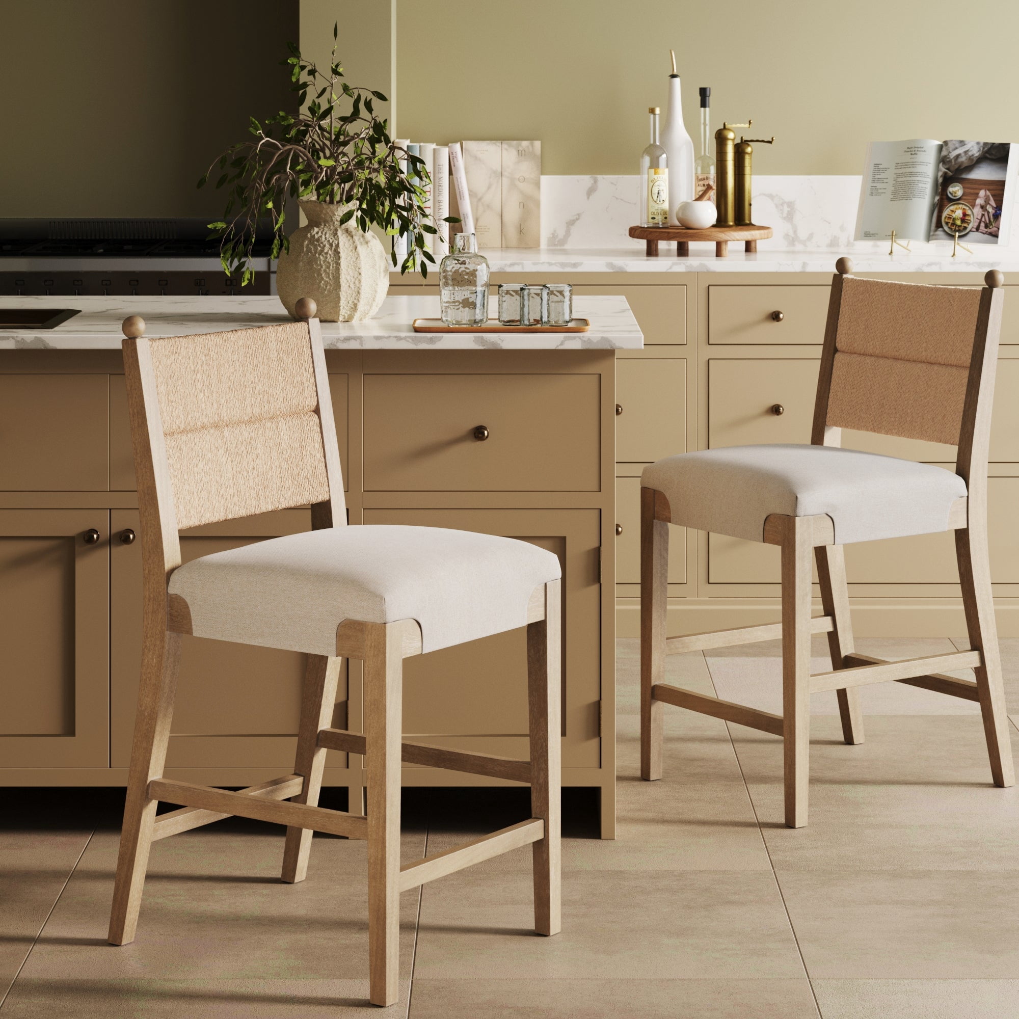 Nathan James Cove Seagrass Counter Stool Wood Upholstered Bar Stool with Natural Flax Cushion and Seagrass Backrest, Light Brown, Set of 2