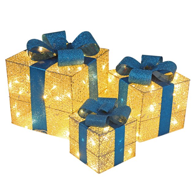 RKSTN Nœuds Rouges pour Arbre de Noël Boîtes Cadeaux pour Décorations de Noël Trois Tailles Différentes de Décoration de Boîte Cadeau avec Led Changeant de Couleur et Guirlandes Lumineuses Cloches de Noël Intérieures