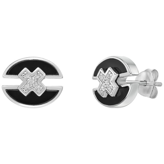 Black Onyx Split X Center Oval Stud Earrings for Women in 925 Sterling Silver with White Sapphire Push Back Studs by Lavari Jewelers