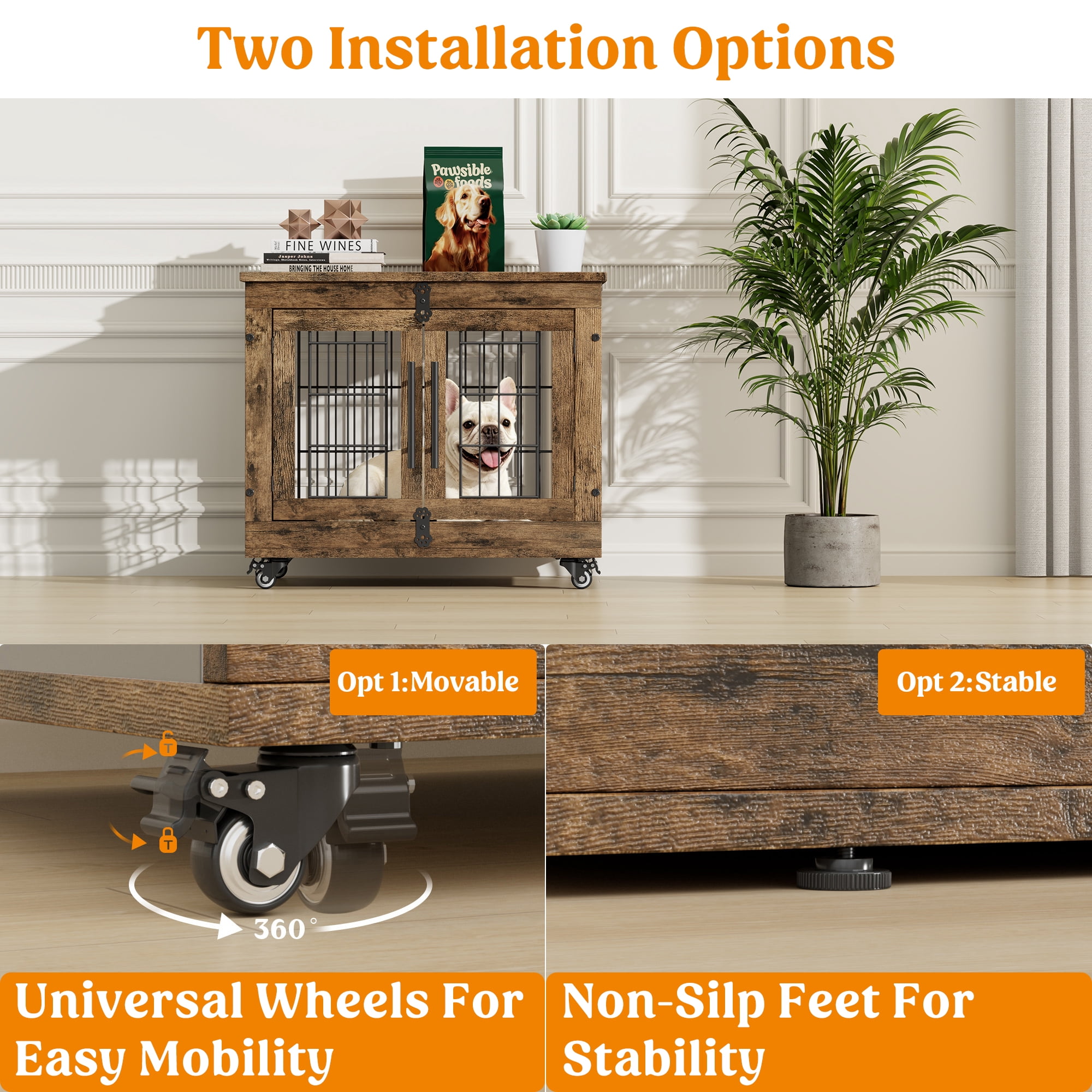 GIKPAL 27-Inch Dog Crate with Pads, 2-Door Heavy-Duty Indoor Wooden Dog Cage on Wheels for Small to Medium Dogs up to 30 lbs,Brown