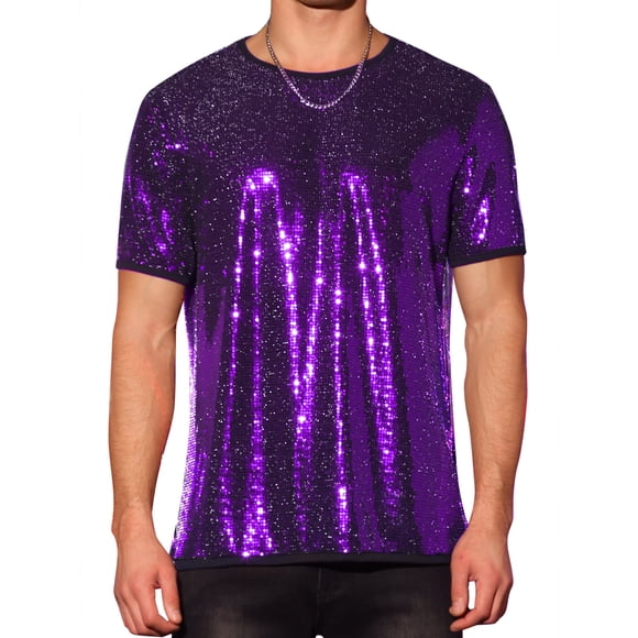 INSPIRE CHIC Camisetas de Hombre con Lentejuelas de Manga Corta Cuello Redondo para Fiesta Nocturna T-Shirts XL Púrpura