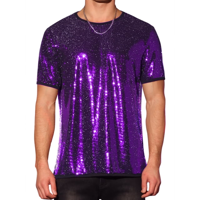INSPIRE CHIC Camisetas de Hombre con Lentejuelas de Manga Corta Cuello Redondo para Fiesta Nocturna T-Shirts S Púrpura