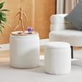 thumbnail image 3 of Round Ottoman with Storage Set of 2-Upholstered Velvet Vanity Stool for Makeup Multifunctional Ottomans Coffee Table Padded Seat Foot Rest for Living Room&Bedroom (White-Upgrade Tray Lid), 3 of 11