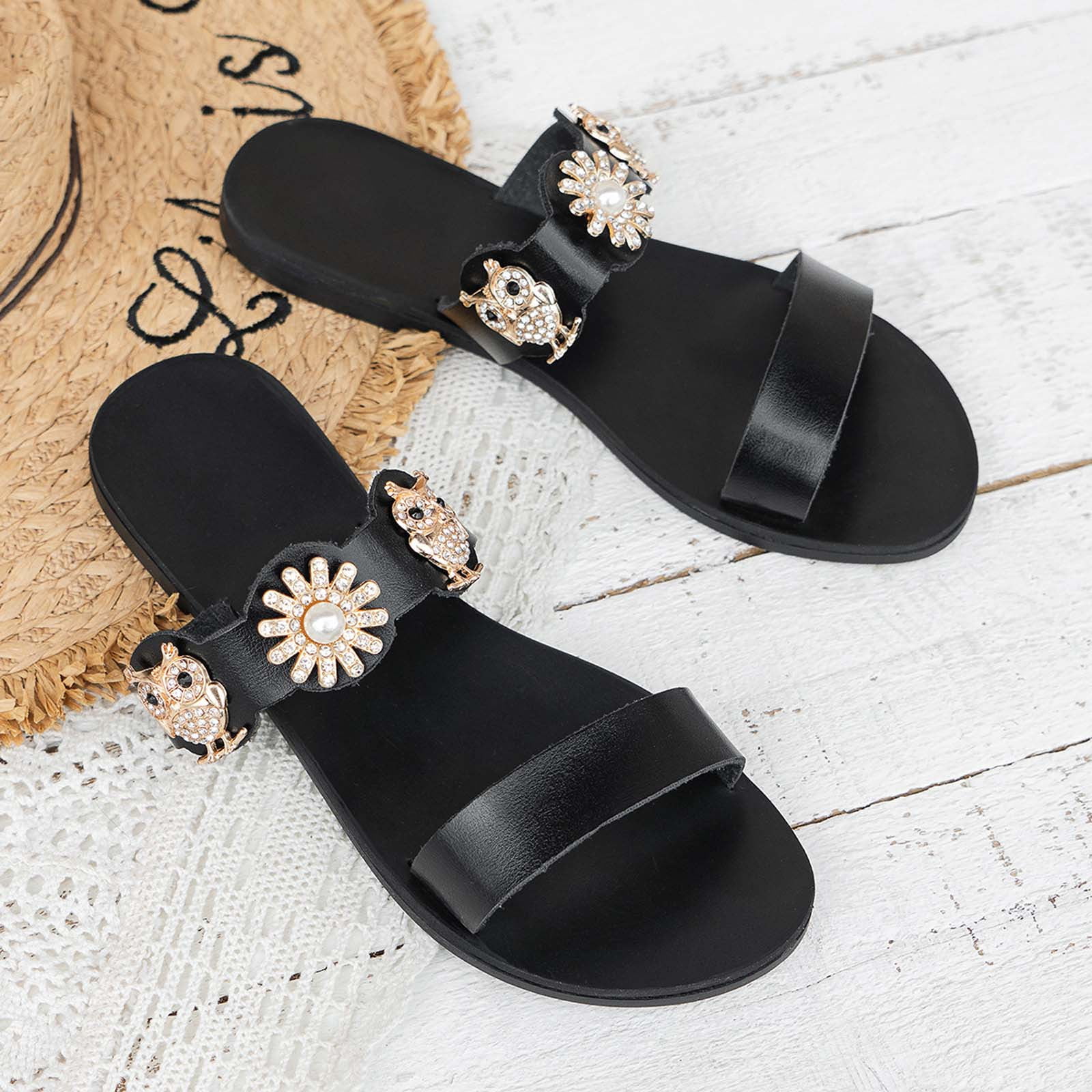 afdeling Overtreffen Anesthesie COBKK Slippers For Women Beach Fashion Womens Summer Metal Decoration Peep  Toe Flats Casual Comfortable Slippers Womens Slippers Summer Outdoor Black  Size 36 - Walmart.com