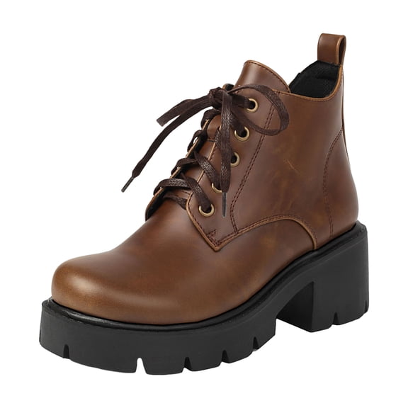 YLYL Womens Ankle Boots Platform Chunky Mid Heel Lace up Round Toe Fashion Motorcycle Combat Boots