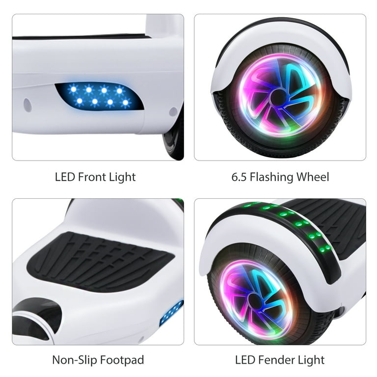 Hoverboard with Bluetooth and LED Lights 6.5 Two Wheel Self Balancing Electric Scooter for Kids and Adults White