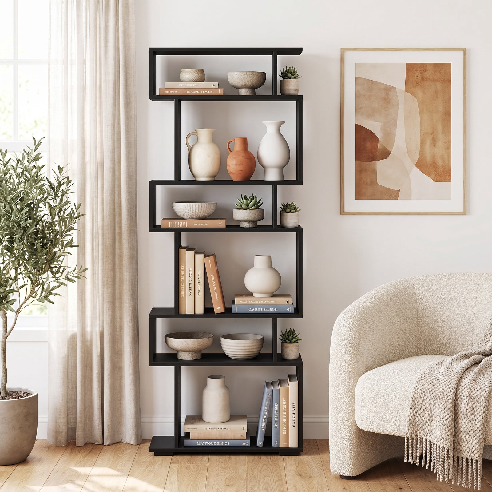 Furnibear 6-Tier Geometric Bookshelf with 2 Anti-Tipping Kits for Home Office for Living Room Home Office Bedroom Display Storage Shelf, Black
