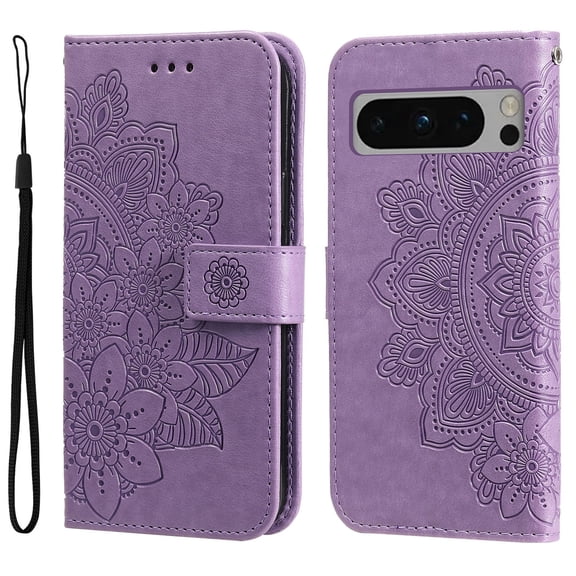 SaniMore for Google Pixel 8 Pro Case with Wrist Strap, Fashion Flower Embossing Design for Girls/Women, Dual Magnet Card Holder Wallet Cover Kickstand Shockproof for Google Pixel 8 Pro, Purple